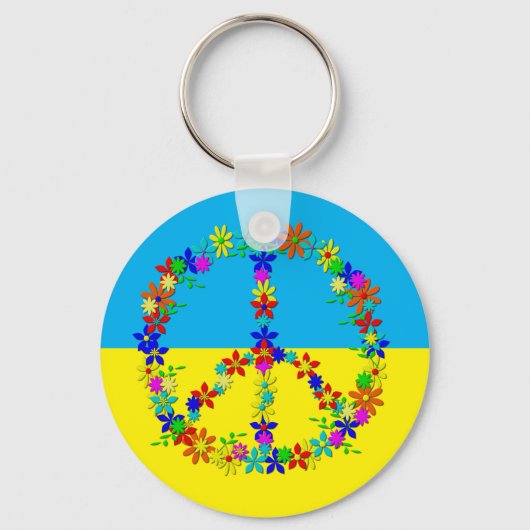 花と平和サイン、ウクライナ国旗のボタン キーホルダー (正面)