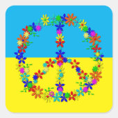 花と平和サイン、ウクライナ国旗のボタン スクエアシール (正面)