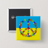 花と平和サイン、ウクライナ国旗のボタン 缶バッジ (正面&裏面)