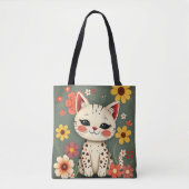 花と幸せなぶち猫 トートバッグ (正面)
