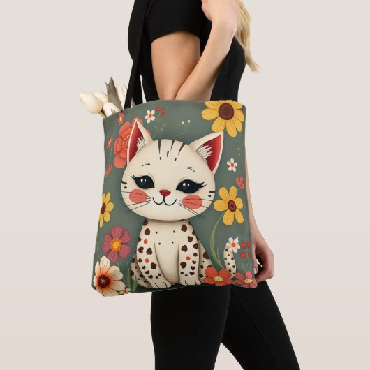 花と幸せなぶち猫 トートバッグ (クローズアップ)