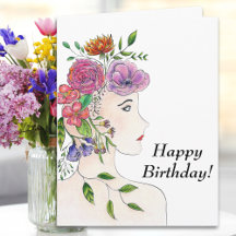 花と幸せな誕生日の女性のイラスト