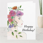 花と幸せな誕生日の女性のイラスト カード (正面)