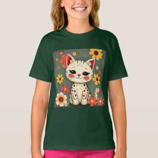 花と幸せに満ちたぶち猫 Tシャツ