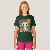 花と幸せに満ちたぶち猫 Tシャツ (正面フル)