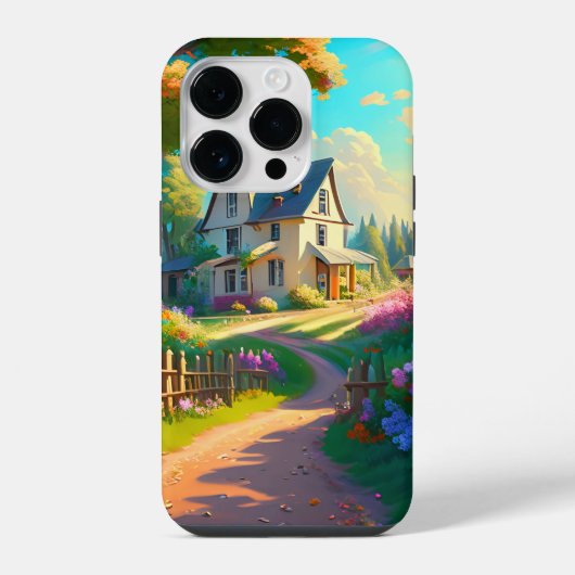 花と庭のある田舎の家 iPhoneケース (裏面)