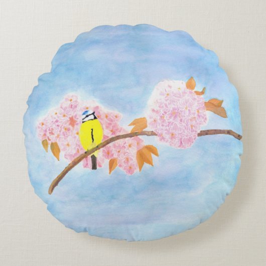花と庭の鳥 ラウンドクッション (正面)