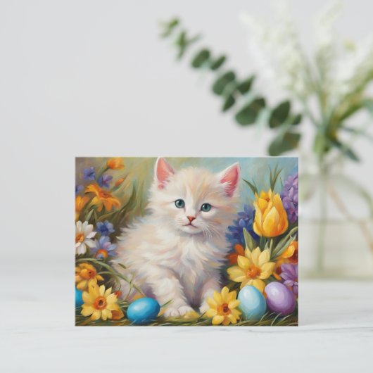 花と復活祭の卵が咲き誇る、かわいい復活祭の子猫 シーズンポストカード (スタンド正面)