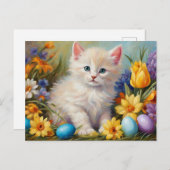 花と復活祭の卵が咲き誇る、かわいい復活祭の子猫 シーズンポストカード (正面/裏面)