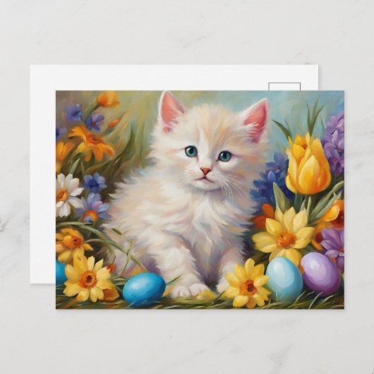 花と復活祭の卵が咲き誇る、かわいい復活祭の子猫 シーズンポストカード (正面/裏面)