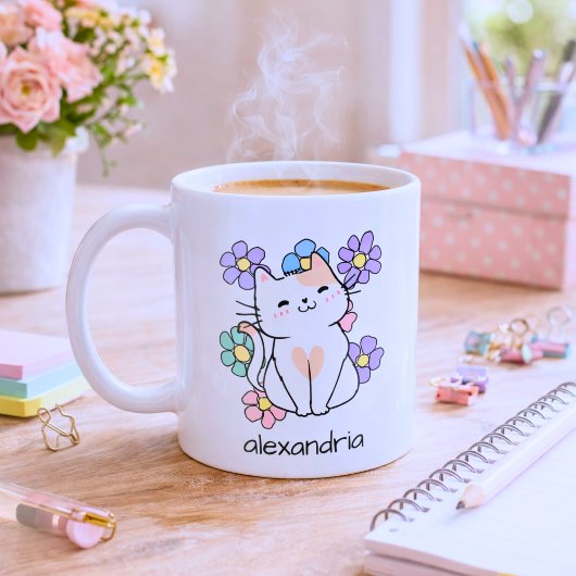 花と微笑むネコのモノグラム コーヒーマグカップ