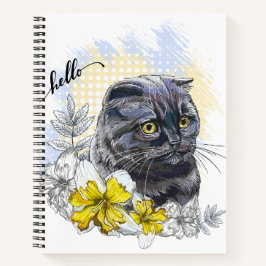 花と戯れるかわいい黒のブリティッシュキャット手描きイラスト ノートブック