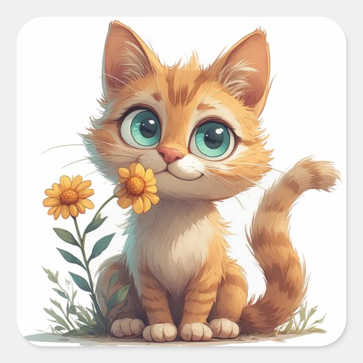 花と戯れるキャラクターの子猫 🐾 スクエアシール (正面)