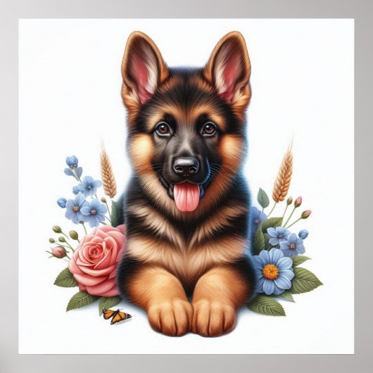 花と戯れるジャーマンシェパードの子犬 ポスター (正面)