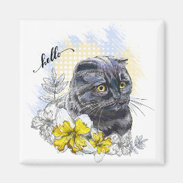 花と戯れるユーモラスな黒のブリティッシュキャットの手描きイラスト マグネット