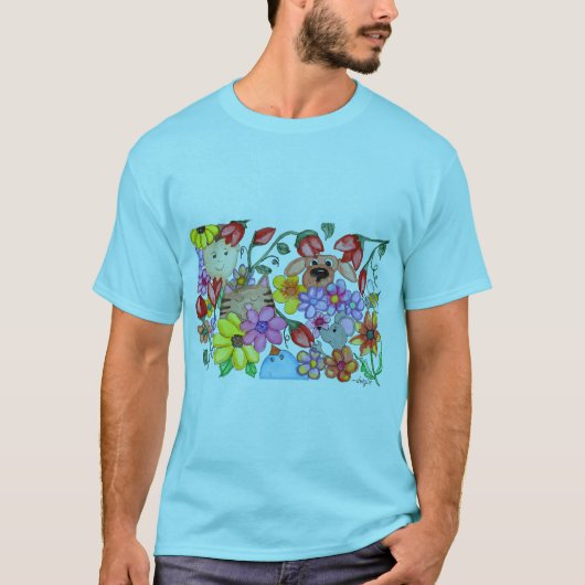 花と戯れる動物たち Tシャツ (正面)
