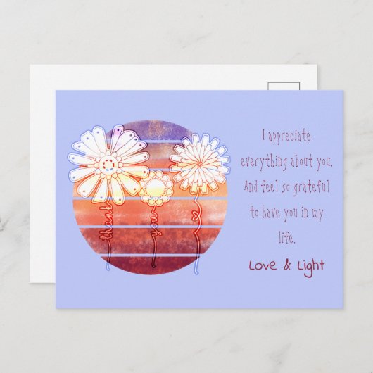 花と日没はがき付き有難うメッセージ ポストカード (正面/裏面)