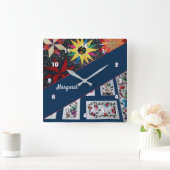 花と星のキルト大時計 スクエア壁時計 (ホーム)