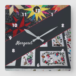 花と星のキルト大時計 スクエア壁時計