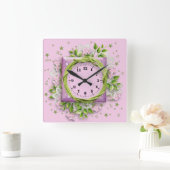 花と星ピンク スクエア壁時計 (ホーム)