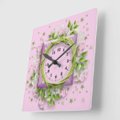 花と星ピンク スクエア壁時計 (傾斜)