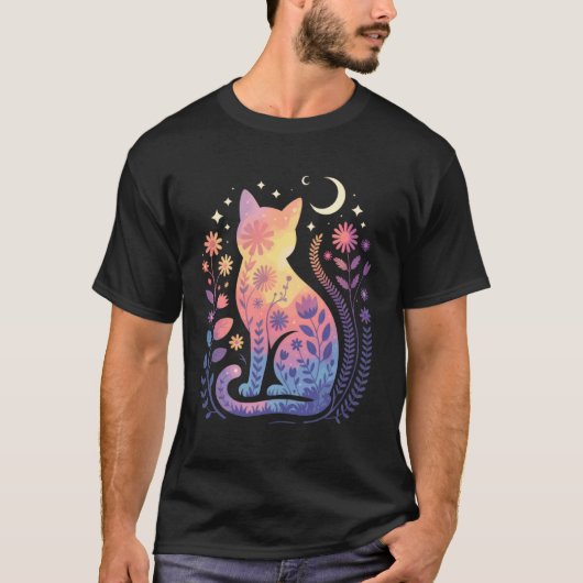 花と月と星のミスティカ 猫のシルエット Tシャツ (正面)