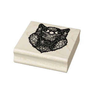 花と月を飾るオオカミ ラバースタンプ