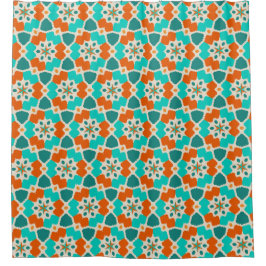 花と木と忍者スターオレンジとティール（緑がかった色） シャワーカーテン