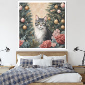 花と木の間のかわいいクリスマス猫 キャンバスプリント (インサイチュ (寝室))