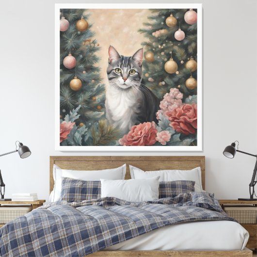 花と木の間のかわいいクリスマス猫 キャンバスプリント (インサイチュ (寝室))