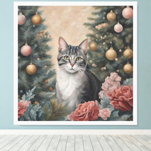 花と木の間のかわいいクリスマス猫 キャンバスプリント (インサイチュ (ウッドフロア))