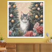 花と木の間のかわいいクリスマス猫 キャンバスプリント (インサイチュ (リビング))