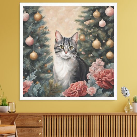 花と木の間のかわいいクリスマス猫 キャンバスプリント (インサイチュ (リビング))