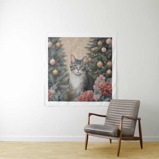 花と木の間のかわいいクリスマス猫 タペストリー (インサイチュ)