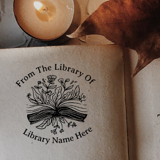 花と本のライブラリからあなたの名前 セルフインキングスタンプ