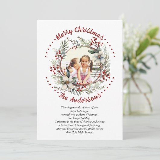 花と果実の写真とクリスマスリース シーズンカード (スタンド正面)