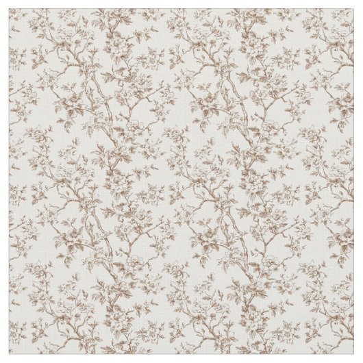 花と枝の付いた茶色のトイル ファブリック (クローズアップ)