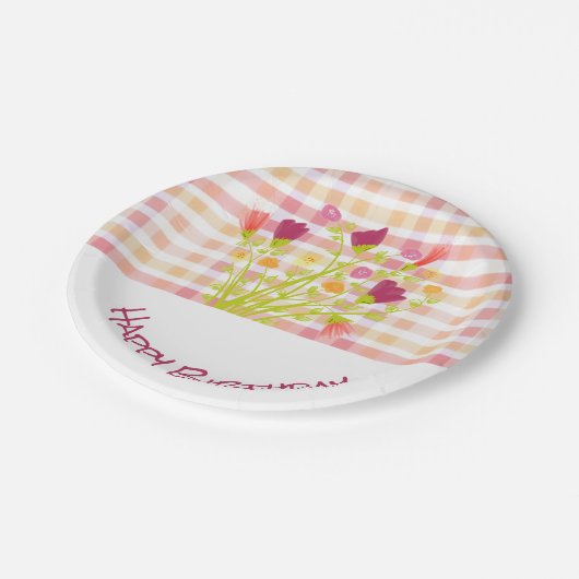 花と格子模様の誕生日パーティーデコール ペーパープレート (アングル)