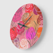 花と植物のあるピンクの模様 ラージ壁時計 (傾斜)