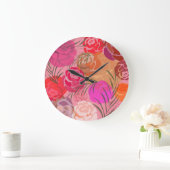 花と植物のあるピンクの模様 ラージ壁時計 (ホーム)