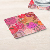 花と植物のナプキンとピンクのパターン スクエアペーパーコースター (アングル)