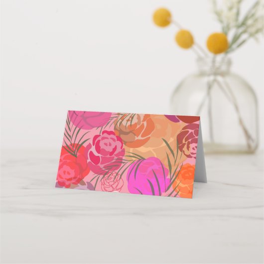 花と植物のピンクの模様 プレイスカード (正面)