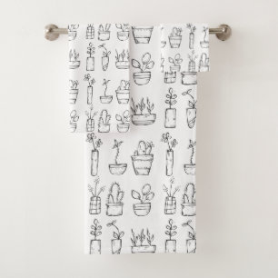 花と植物ラインスケッチパターン バスタオルセット