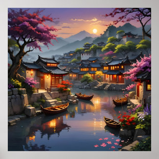 花と水の中で光るランタン ポスター