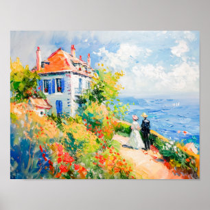 花と海岸の家Impressionist Seascap ポスター