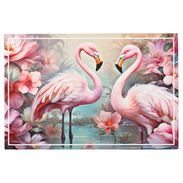 花と湖のピンクのフラミンゴ–20231 メタルプリント (正面)