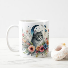花と灰色の可愛い猫の肖像 マグカップ