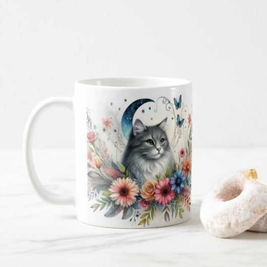花と灰色の可愛い猫の肖像 マグカップ (ドーナツ)