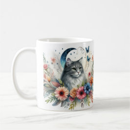 花と灰色の可愛い猫の肖像 マグカップ