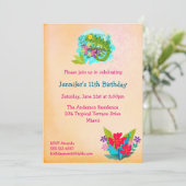 花と熱帯トカゲルアウ(ハワイ式宴会)誕生日招待状 招待状 (スタンド正面)